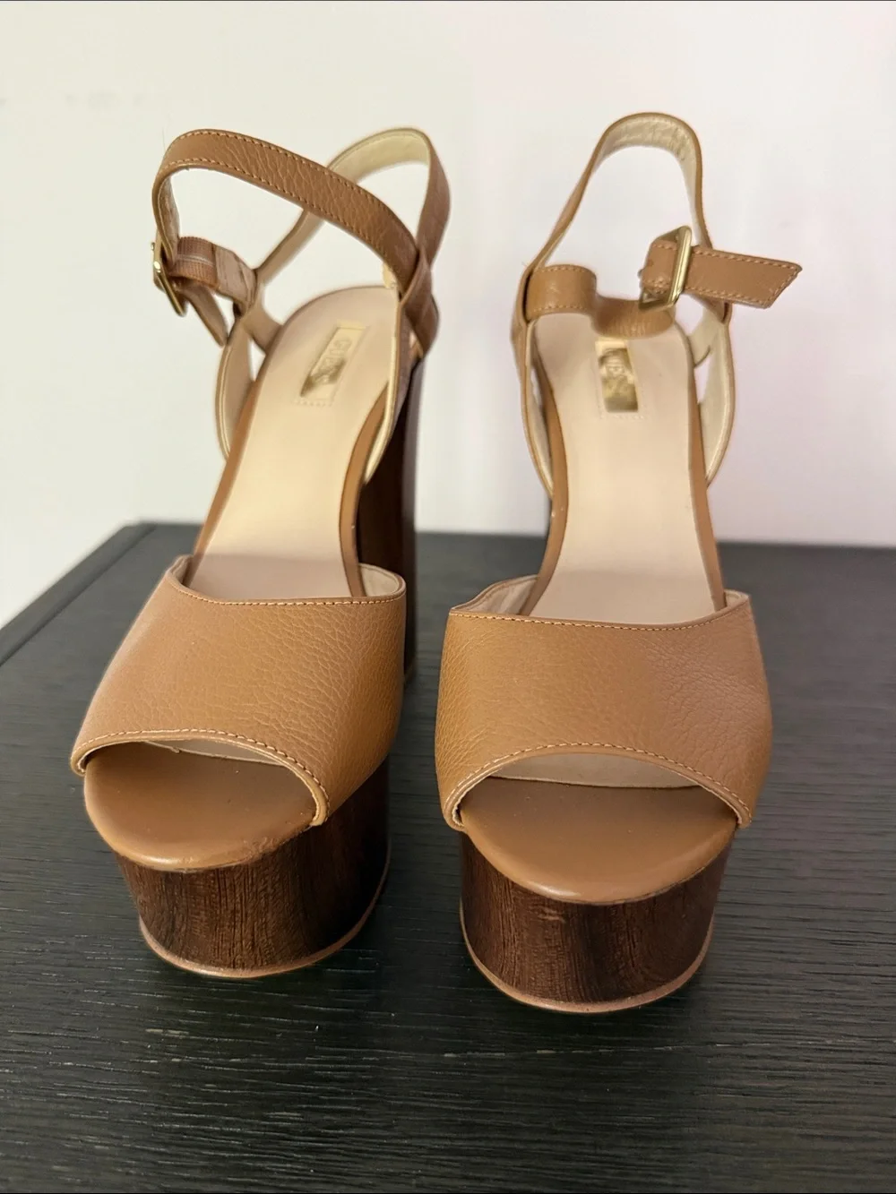 Guess Tan Platform Sandals with Wooden Block Heel